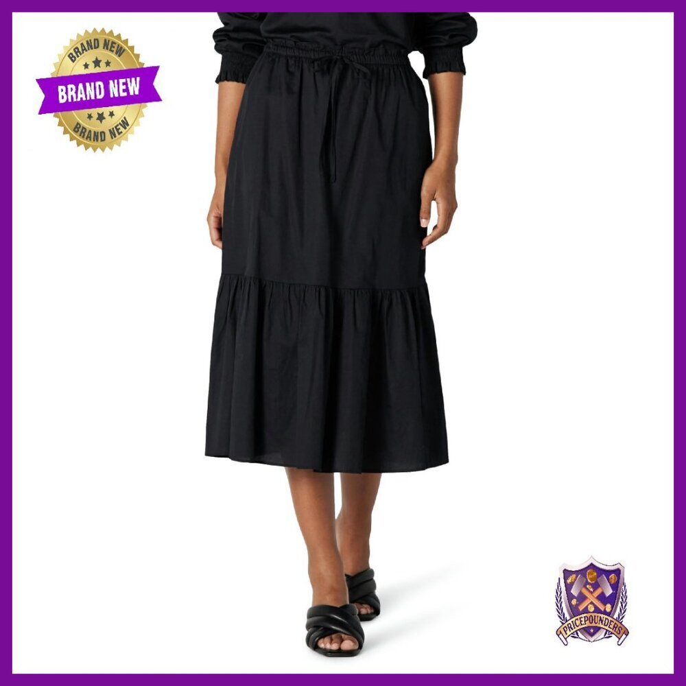 Mid-Rise Cotton Sateen Tiered Midi Skirt, Pull-On Waist, 31.25" Length